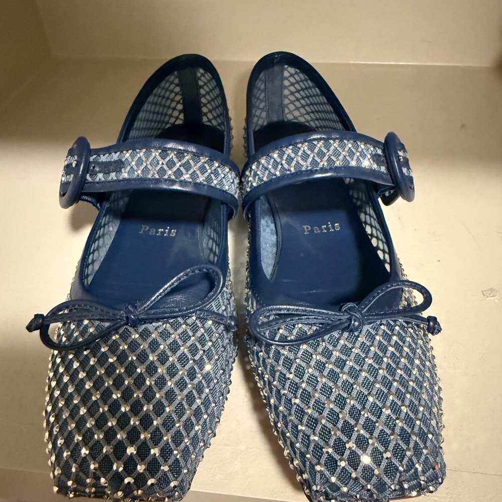 CHRISTIAN LOUBOUTIN
Mesh Net Mary Jane Red Sole Ballerina Flats In Denim/crystal